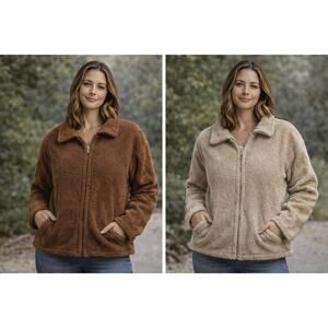 Sherpa Teddy Jacket Bundle Brown & Beige Cozy Zip Up Jackets Size Medium